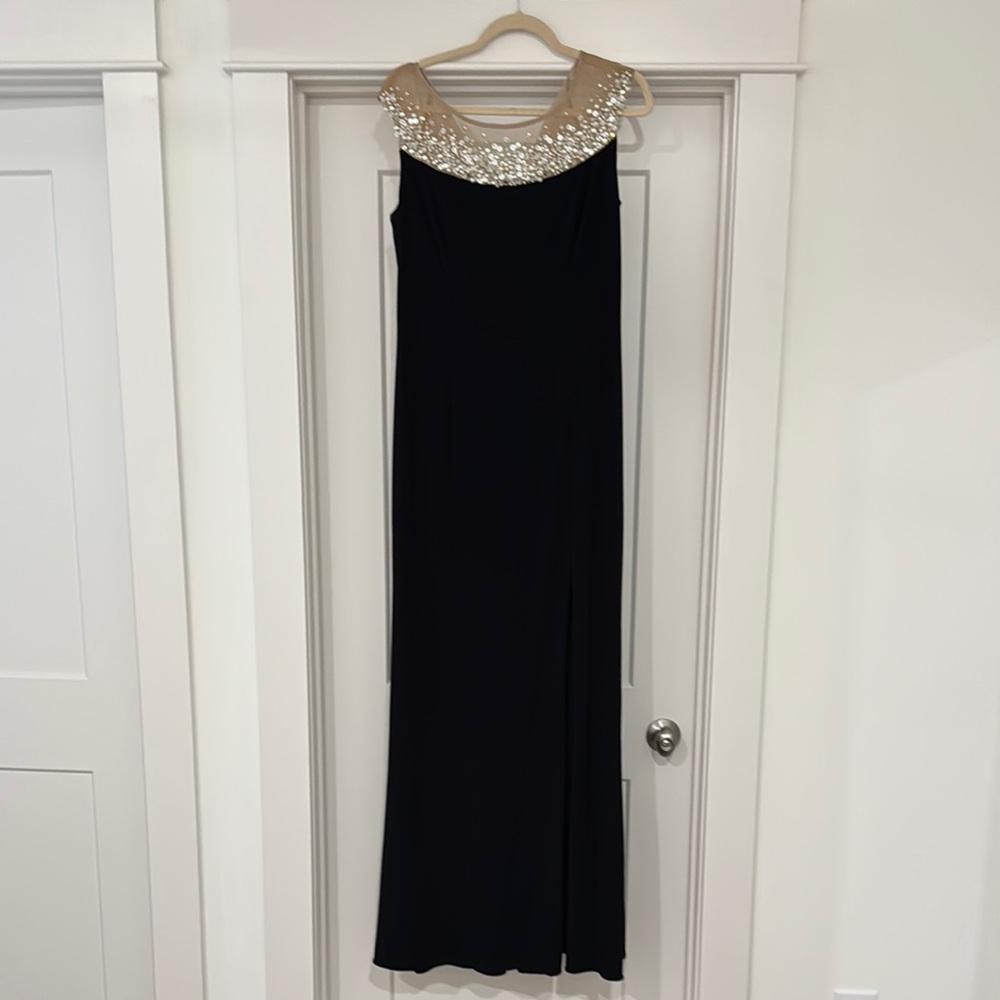 Adrianna Papell Black Dress with Pearl, Rhinestone Sequin Illusion Details